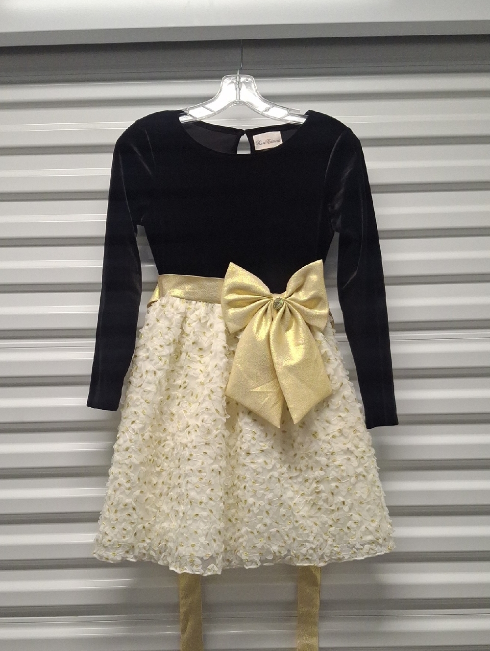 Girls Black Velvet & Cream Gold Bow Party Dress